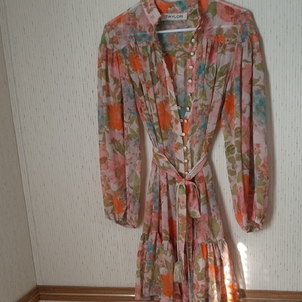 Taylor Pink and Orange Floral Long-Sleeve Button Dress with Tie Waist, Cottage C